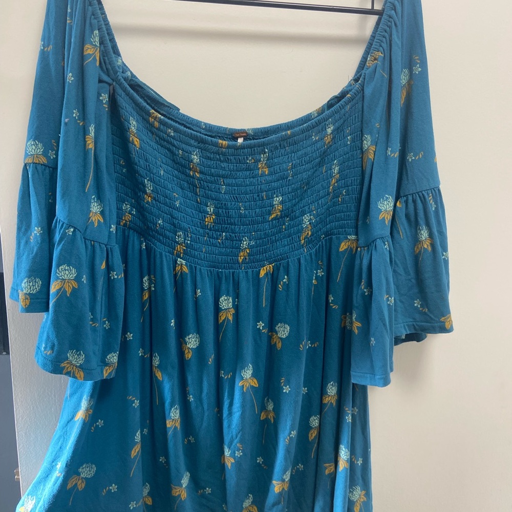 Free People Teal Floral Off-Shoulder Blouse